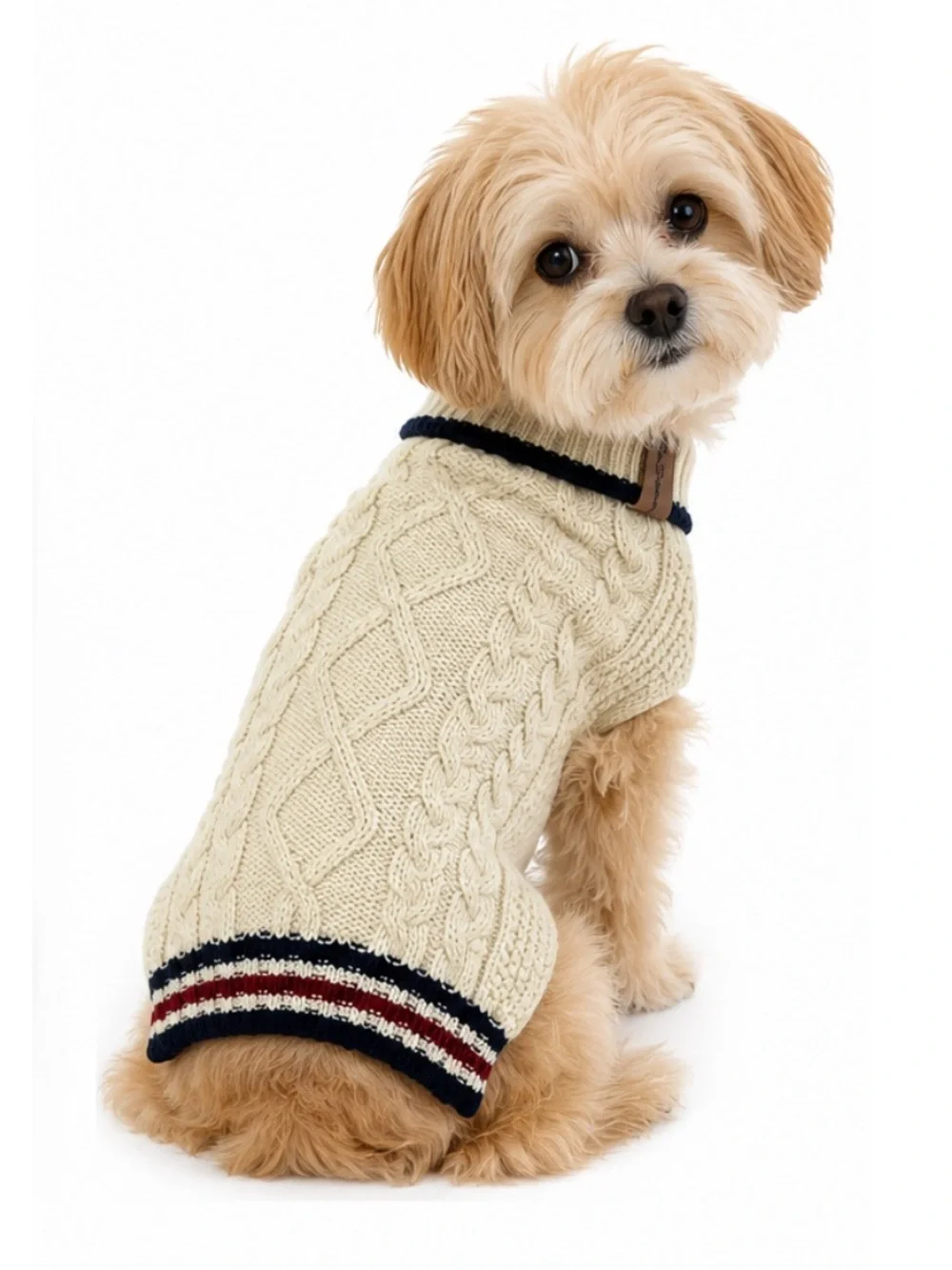 NEW - Ben Sherman Preppy Cable Knit Dog Sweater Cream Ivory Small Leash Slot